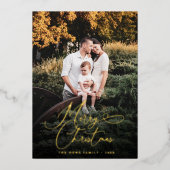 メリーエレガントスモダンクリスマス写真松コーン 箔シーズンカード (正面)