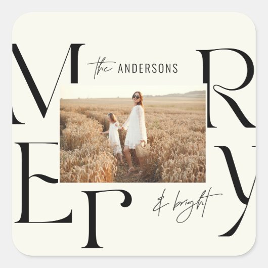 メリーエレガントモダンクリスマス写真タイポグラフィ スクエアシール (正面)