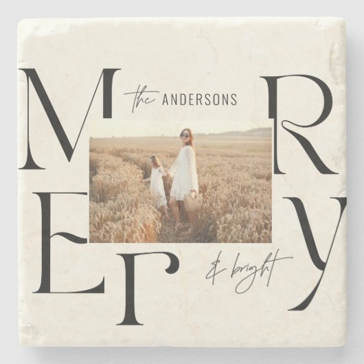 メリーエレガントモダンクリスマス写真タイポグラフィ ストーンコースター (正面)