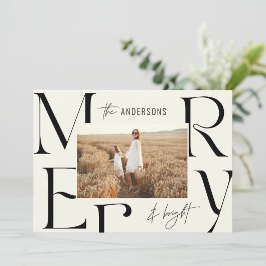 メリーエレガントモダンクリスマス写真タイポグラフィ 案内状 (スタンド正面)