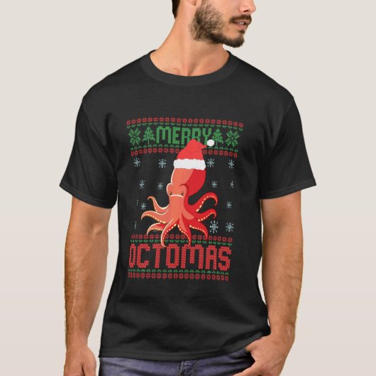 メリーオクトマス 面白いタコ クリスマス ださいセーター Tシャツ (正面)