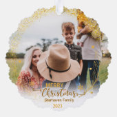 メリーオーナメント写真の家族の名前と年金ゴールド オーナメントカード (裏面)