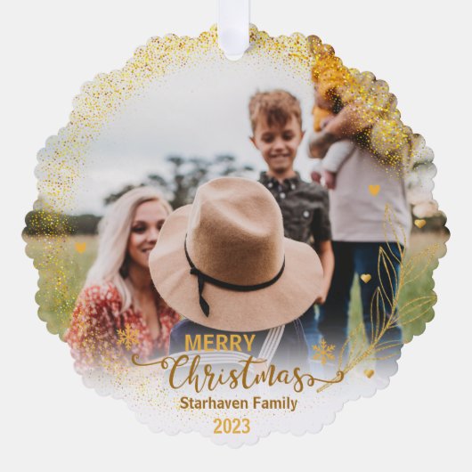 メリーオーナメント写真の家族の名前と年金ゴールド オーナメントカード (正面)