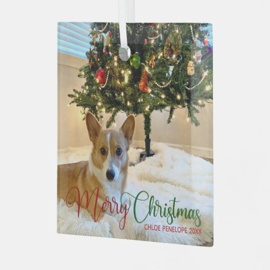 メリーカスタムクリスマスのペット写真美犬 ガラスオーナメント (正面左)