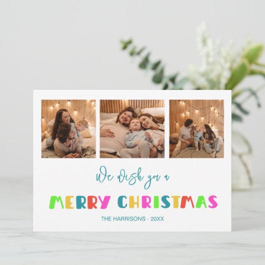 メリーカラフルはっきりしたクリスマス3枚の写真 シーズンカード (スタンド正面)