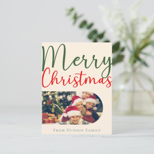 メリーカラフルクリスマスのアーチ家族の写真願い ポストカード (スタンド正面)
