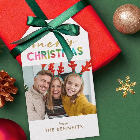 メリーカラフルクリスマスの写真 |木の背面 ギフトタグ