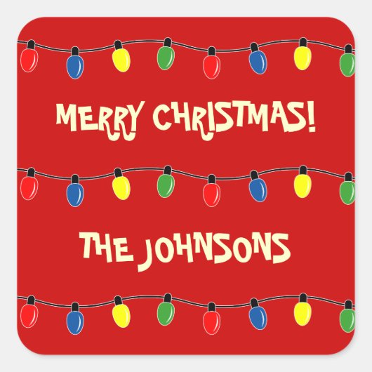メリーカラフルクリスマスの木のライトギフトラベル スクエアシール (正面)