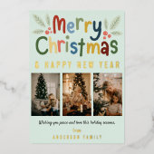 メリーカラフルクリスマス家族フォトグリーン 箔シーズンカード (正面)
