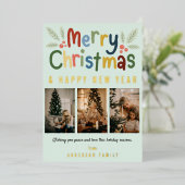 メリーカラフルクリスマス家族フォトグリーン 箔シーズンカード (立ち正面)