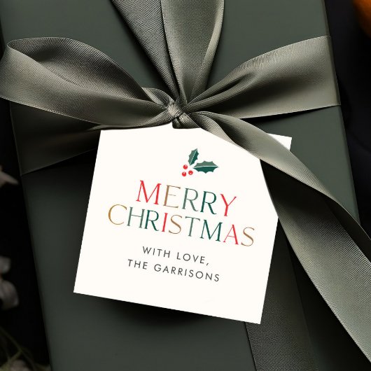 メリーカラフル・クリスマスの緑葉の贈り物 フェイバータグ