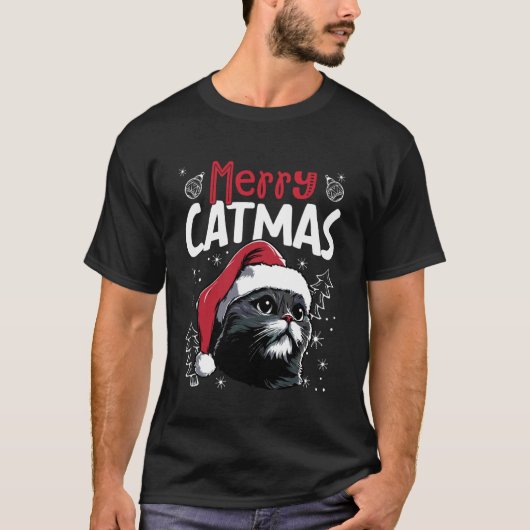 メリーキャットマスクリスマスの面白い猫 Tシャツ (正面)