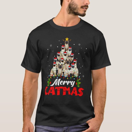 メリーキャットマス サンタ シャム猫 クリスマスツリーの飾り Tシャツ (正面)