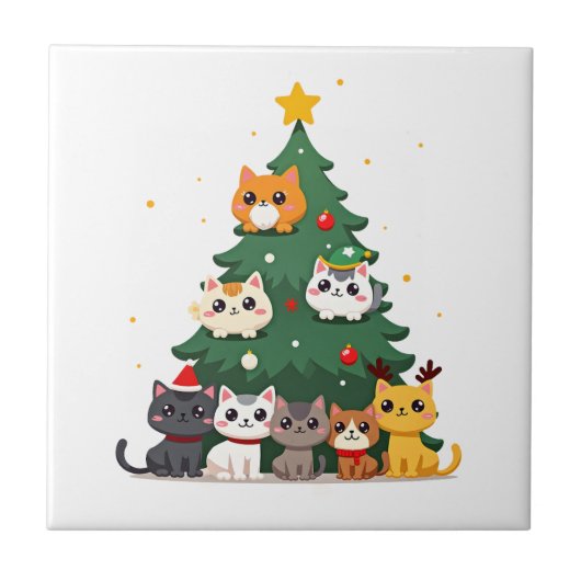 メリーキャットマス 面白いクリスマスツリー、猫のXmasニャー タイル (正面)