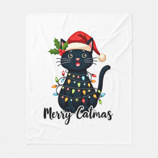 メリーキャットマス 黒猫 クリスマス ライト Xmas 家族 フリースブランケット