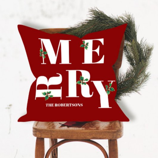 メリークモダンリスマスレッド白ホリー水色 クッション