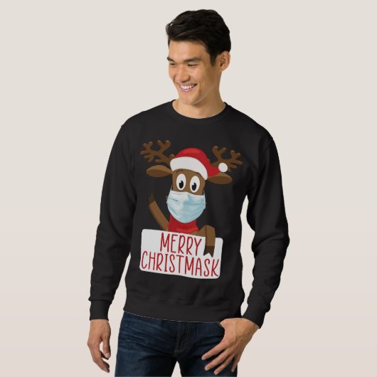 メリークライストマスクトナカイ顔マスククおもしろいリスマス スウェットシャツ (正面フル)