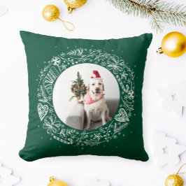 メリークリスマスあなたの写真金ゴールドリースグリーン クッション