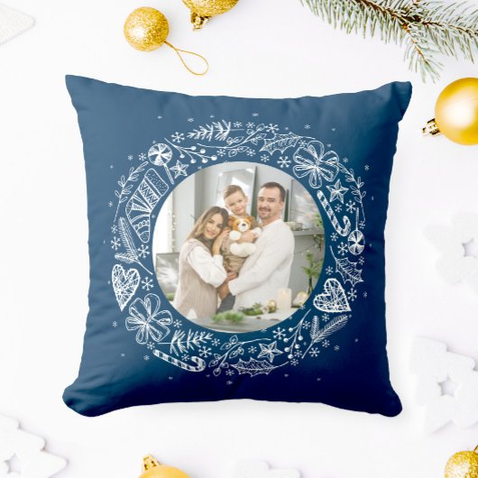 メリークリスマスあなたの写真金ゴールドリース暗い クッション