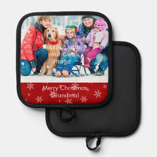 メリークリスマスおばあちゃん写真と雪の結晶 鍋敷き (正面/裏面)