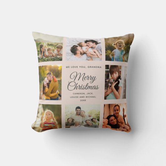 メリークリスマスおばあちゃん赤面ピンクフォトコラージュ クッション (正面)