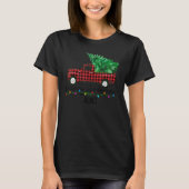 メリークリスマスおばさん格子赤トラックのクリスマスツリーファム Tシャツ (正面)