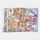 メリークリスマスおもしろいお洒落かわいい冬の町 キッチンタオル (横)