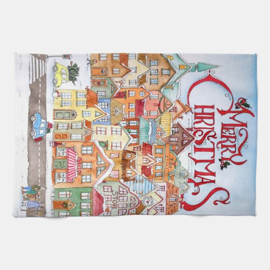 メリークリスマスおもしろいお洒落かわいい冬の町 キッチンタオル (横)