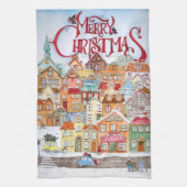 メリークリスマスおもしろいお洒落かわいい冬の町 キッチンタオル (縦)