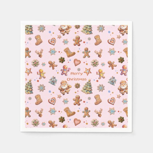 メリークリスマスおもしろいかわいいジンジャーブレッドピンク スタンダードカクテルナプキン (正面)