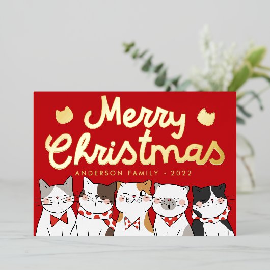 メリークリスマスおもしろいかわいい猫たち 箔シーズンカード (立ち正面)