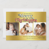 メリークリスマスおもしろいキャンディーケーン3写真フェイク金ゴールド シーズンカード (正面)