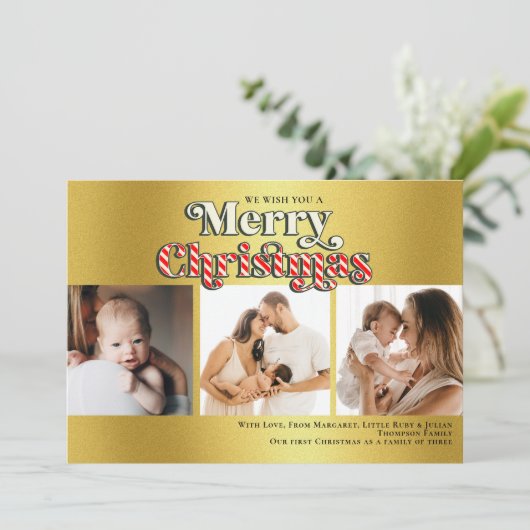 メリークリスマスおもしろいキャンディーケーン3写真フェイク金ゴールド シーズンカード (スタンド正面)