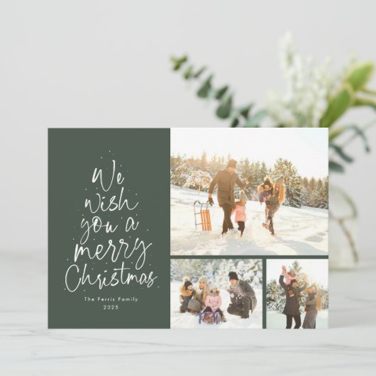 メリークリスマスおもしろいグリーン3写真家族 シーズンカード (スタンド正面)