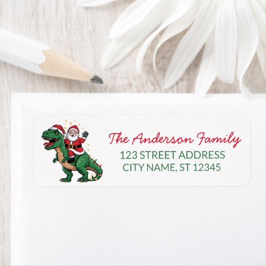 メリークリスマスおもしろいサンタが恐竜に乗って ラベル (インサイチュ)