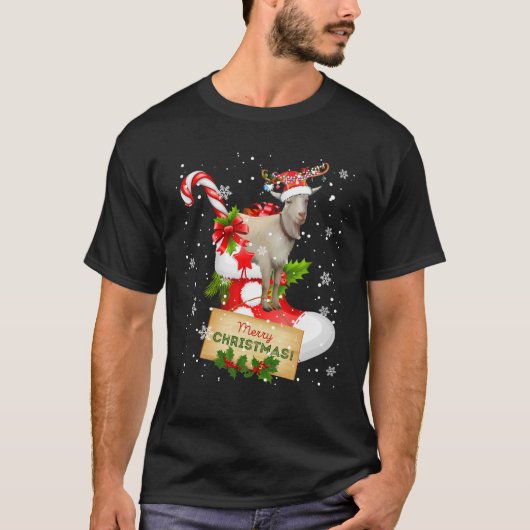 メリークリスマスおもしろいサンタ・トナカイ山羊の靴下 Tシャツ (正面)