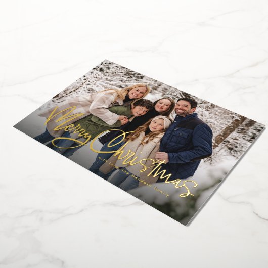 メリークリスマスおもしろいシンプルスクリプトの緑の写真 箔シーズンカード (回転した状態)