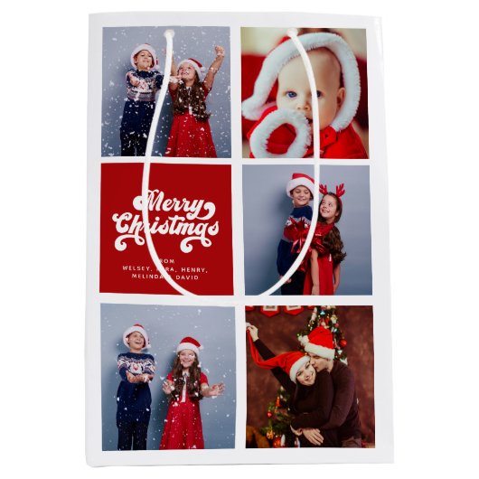 メリークリスマスおもしろいシンプルレトロタイポグラフィ写真 ミディアムペーパーバッグ (正面)