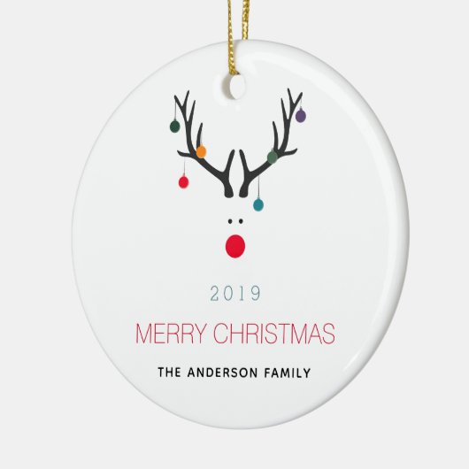 メリークリスマスおもしろいトナカイの白い赤い家族 セラミックオーナメント (左)