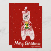 メリークリスマスおもしろいベアープレゼントレッドストライプ シーズンカード (正面/裏面)