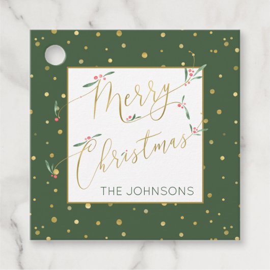 メリークリスマスお洒落スクリプト緑と金ゴールド フェイバータグ (正面)