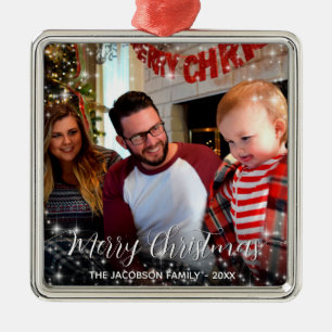 メリークリスマスお洒落スパークルスホリデーフォト メタルオーナメント