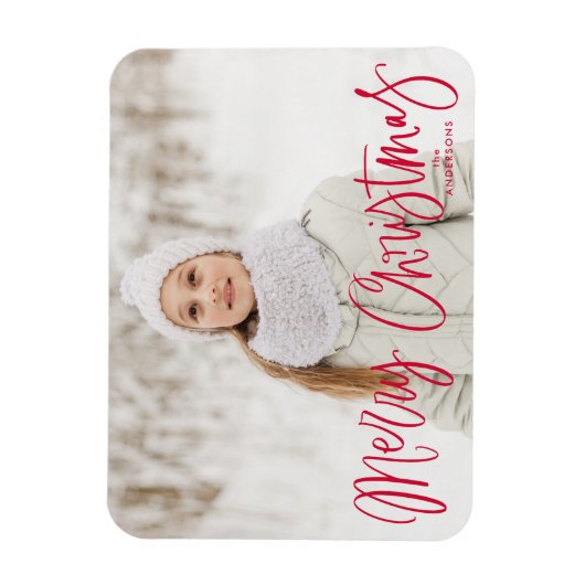 メリークリスマスお洒落レッドスクリプトホリデー写真 マグネット (縦)
