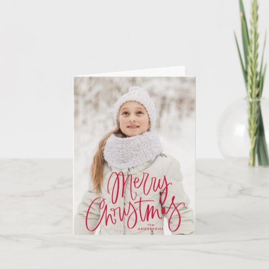 メリークリスマスお洒落赤いスクリプトの写真 シーズンカード (正面)