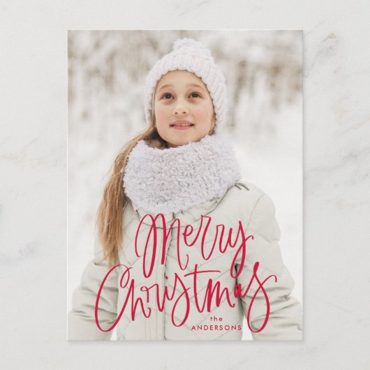 メリークリスマスお洒落赤いスクリプトの写真 シーズンポストカード (正面)