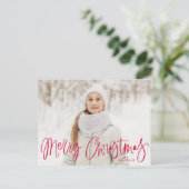 メリークリスマスお洒落赤いスクリプトの写真 シーズンポストカード (スタンド正面)