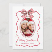メリークリスマスお洒落赤の波型フレームボウ写真 シーズンカード (正面)