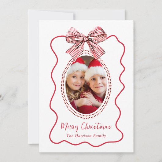 メリークリスマスお洒落赤の波型フレームボウ写真 シーズンカード (正面)