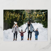 メリークリスマスお洒落金ゴールドスクリプト写真 箔シーズンカード (正面)