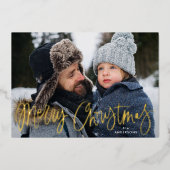 メリークリスマスお洒落金ゴールドスクリプト写真 箔シーズンカード (正面)